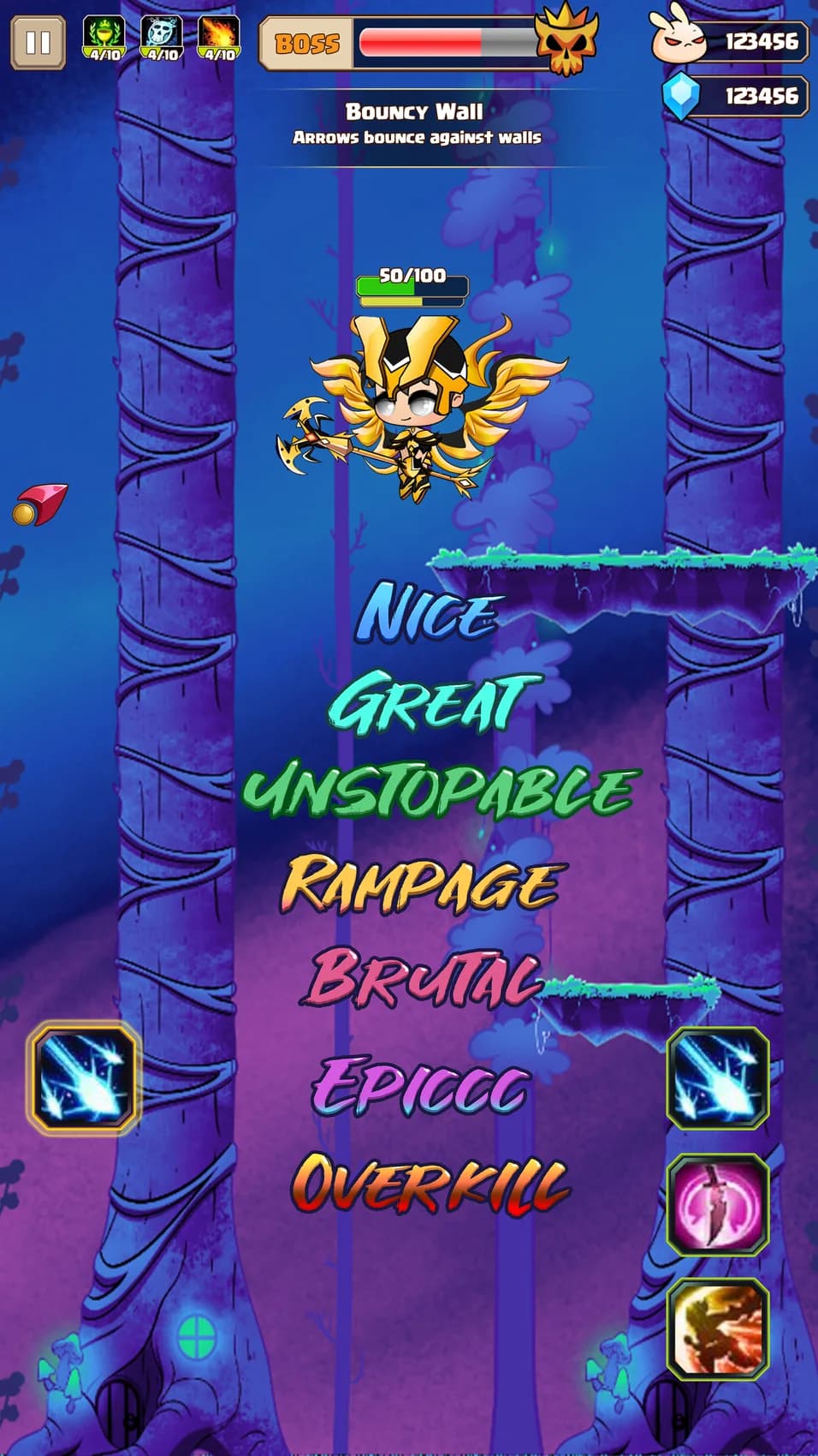 Hero's Flight gameplay with Storm fighting through a vertical forest stage.